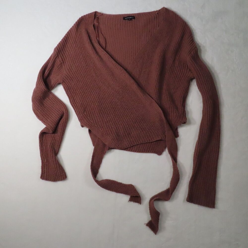 Cotton Candy LA Wrap Crop Sweater Mauve Tie Waist Long Sleeve Knit M/L
